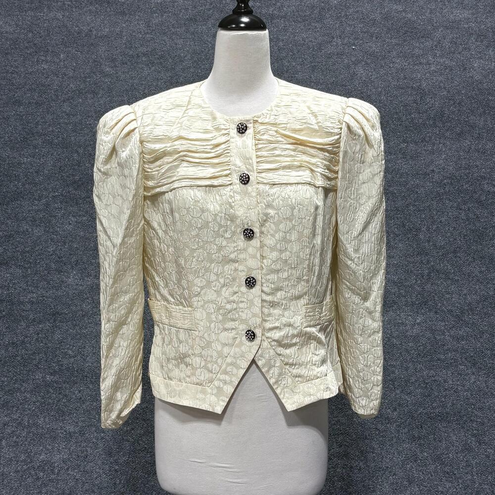 Vintage Richard Warren Jacket Womens 12 White Silk Polka Dot Rhinestone
